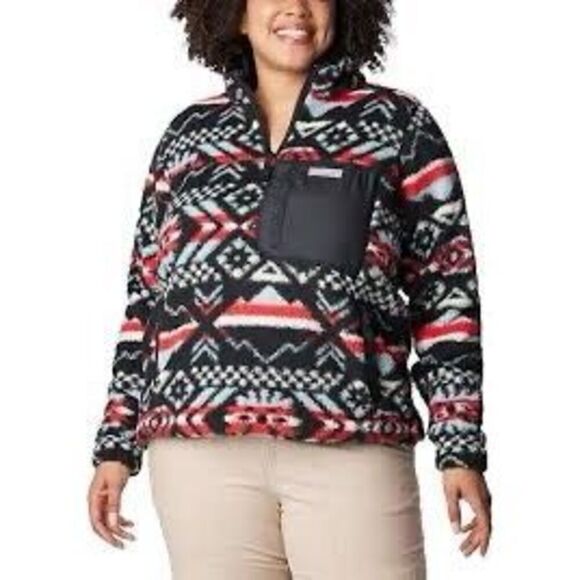 Columbia Women's L West Bend 1/4 Zip Fuzzy Pullover Red Black Faire Isle Ski New - Picture 1 of 16